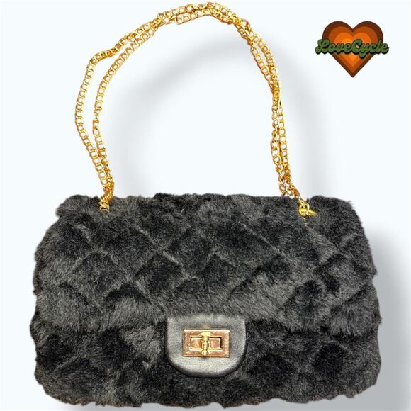 Women's Black Quilted Faux Fur Shoulder Bag with Gold Chain - Crossbody/Shoulder - Picture 1 of 8